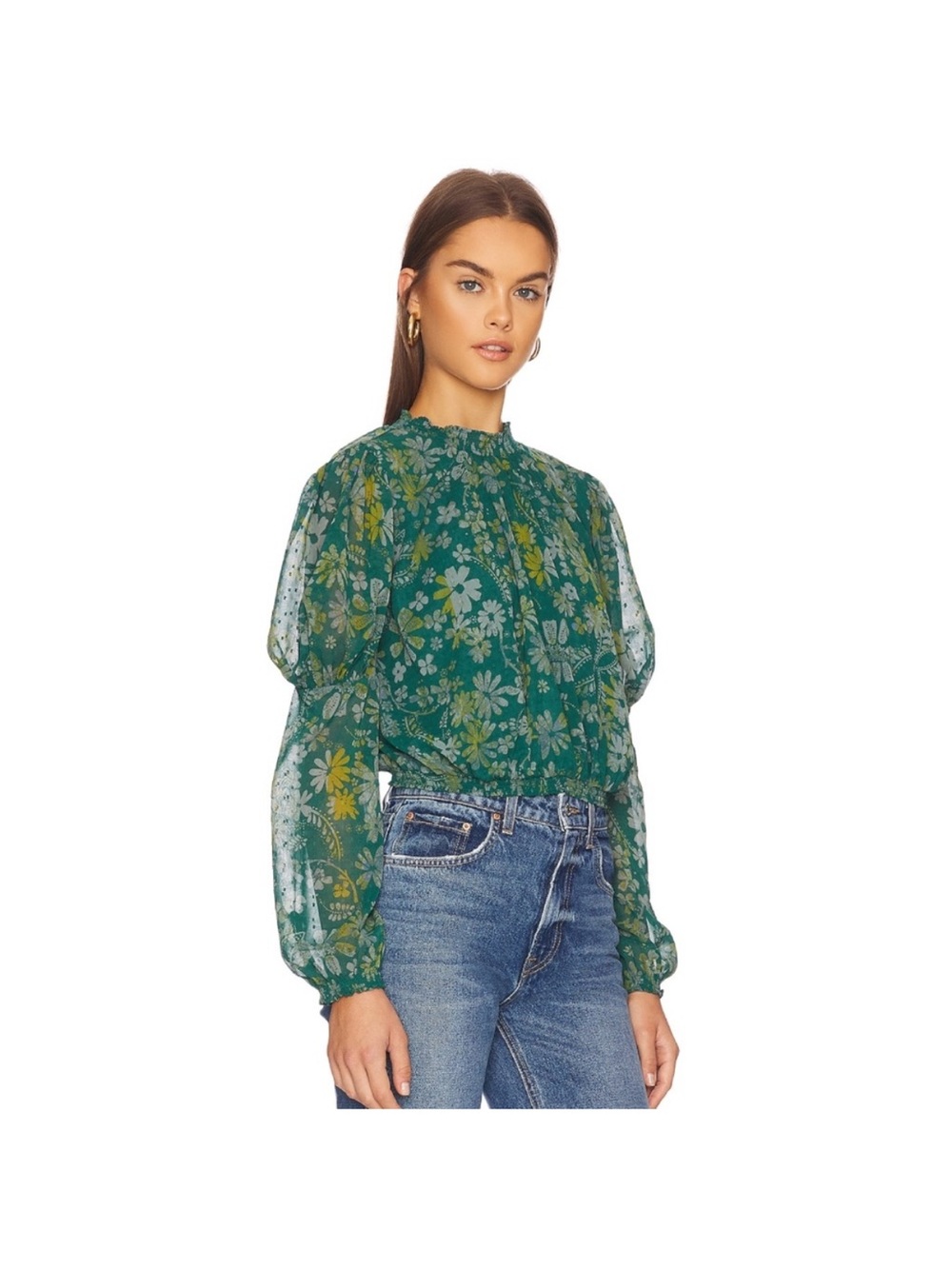 Free People Green Floral Sheer Sleeve Clarissa Print Top - Picture 2 of 8